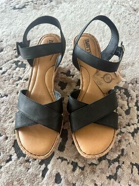 Born Alaina Platform Wedge Sandal Black Leather, Ankle-Strap Sandals - Size 11